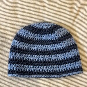 Striped Blue and Navy Crochet Beanie